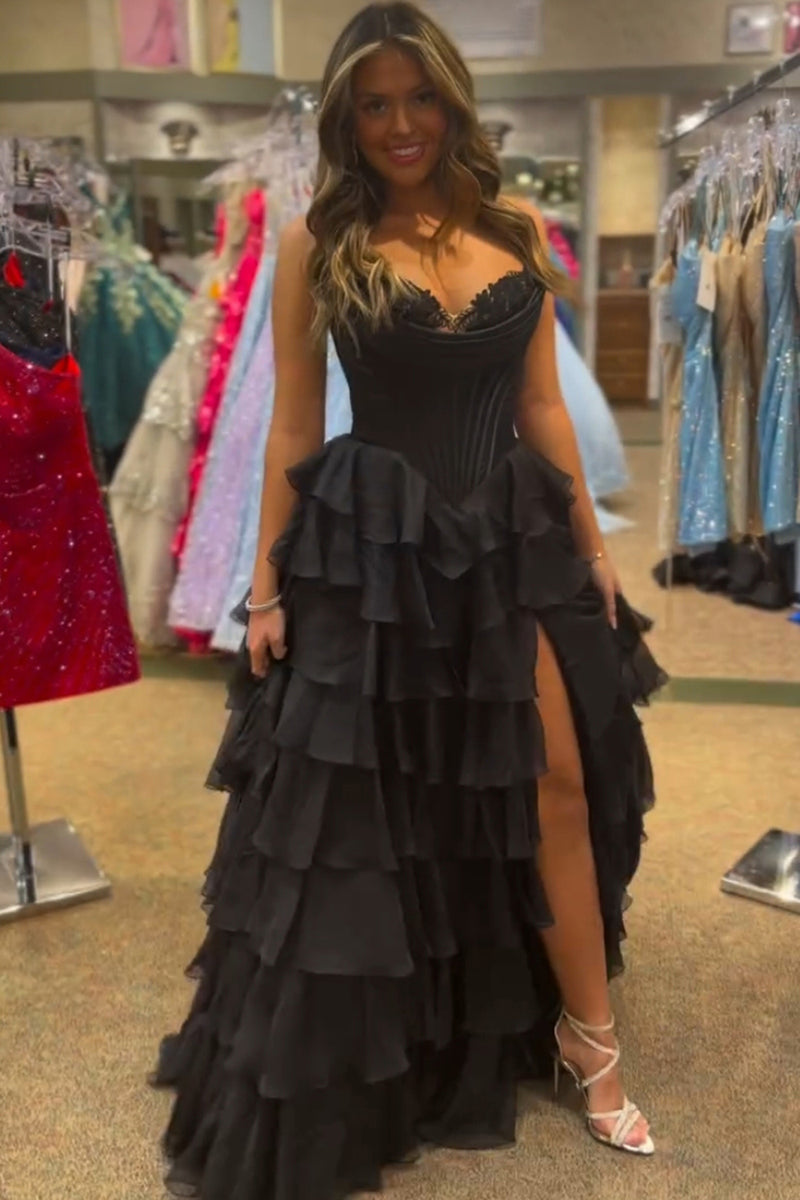 Load image into Gallery viewer, Black Tiered Corset Strapless A Line Long Prom Dress