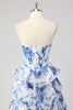 Load image into Gallery viewer, Blue White Flower A Line Tiered Long Prom Dress with Slit