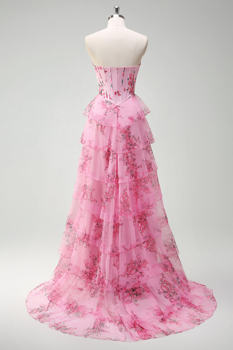 Load image into Gallery viewer, Floral A Line Strapless Corset Tiered Blush Prom Dress with Slit