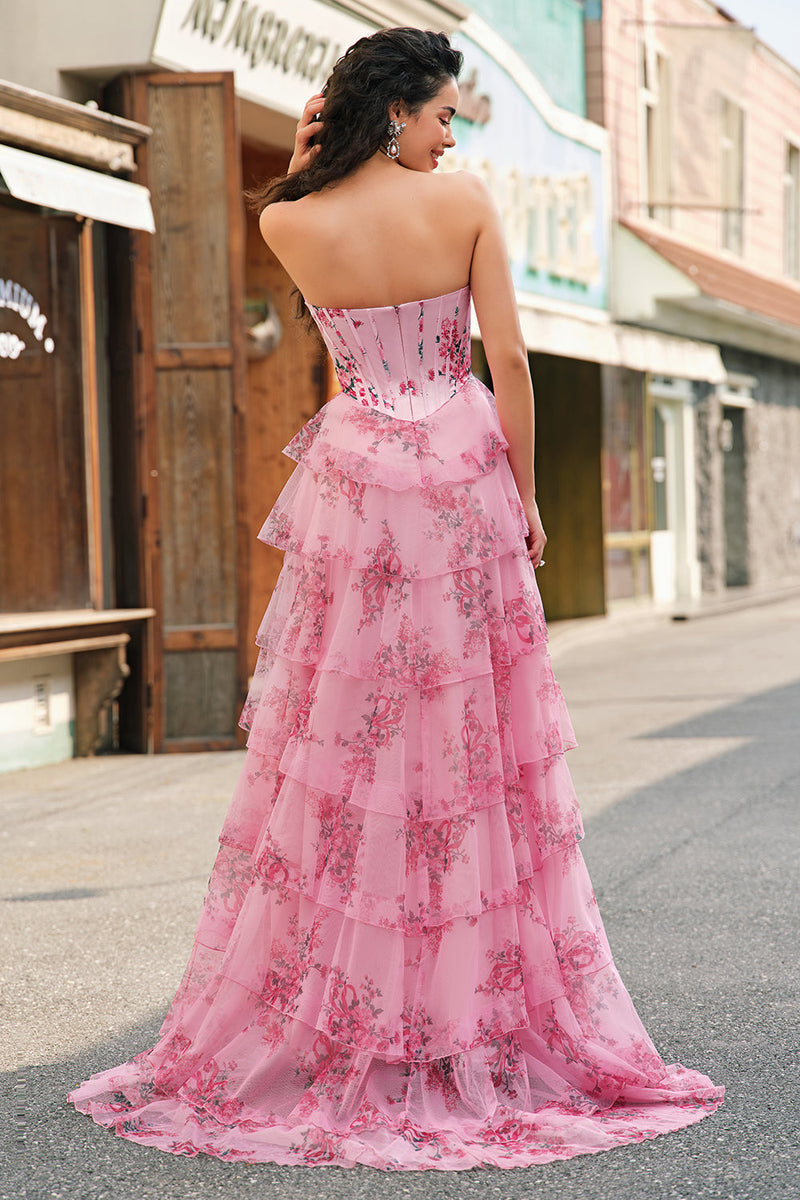 Load image into Gallery viewer, Floral A Line Strapless Corset Tiered Blush Prom Dress with Slit