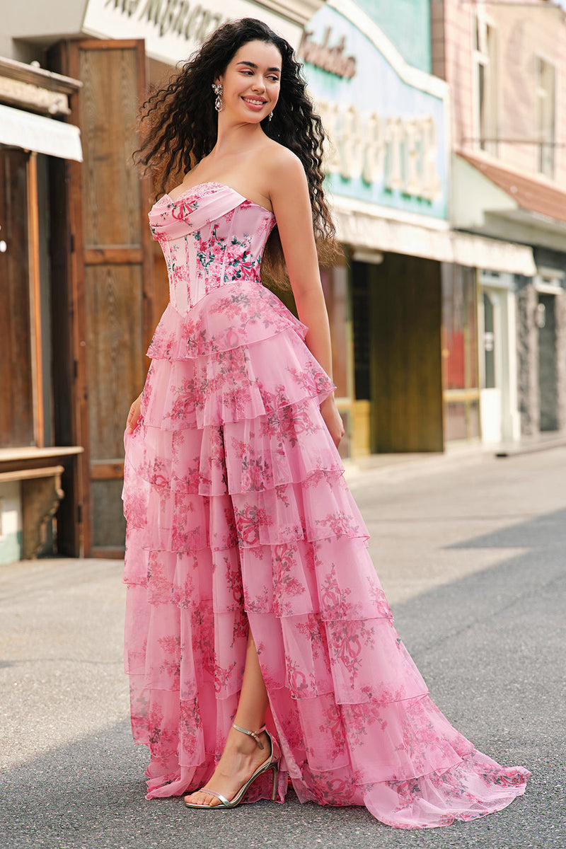 Load image into Gallery viewer, Floral A Line Strapless Corset Tiered Blush Prom Dress with Slit