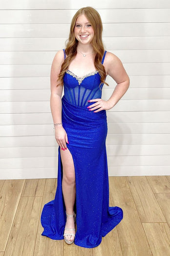 Sparkly Royal Blue Spaghetti Straps Mermaid Long Corset Prom Dress with Beaded