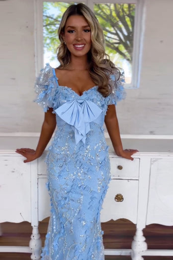 Blue Sparkly Sequins Mermaid Long Corset Prom Dress