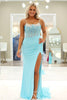 Load image into Gallery viewer, Light Blue Spaghetti Straps Mermaid Beaded Long Corset Prom Dress with Slit