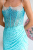 Load image into Gallery viewer, Light Blue Spaghetti Straps Mermaid Beaded Long Corset Prom Dress with Slit