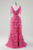 Load image into Gallery viewer, Floral Corset Fuchsia Tulle Deep V-neck A Line Tiered Long Prom Dress