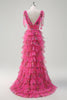 Load image into Gallery viewer, Floral Corset Fuchsia Tulle Deep V-neck A Line Tiered Long Prom Dress