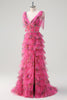 Load image into Gallery viewer, Floral Corset Fuchsia Tulle Deep V-neck A Line Tiered Long Prom Dress