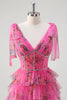 Load image into Gallery viewer, Floral Corset Fuchsia Tulle Deep V-neck A Line Tiered Long Prom Dress