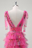 Load image into Gallery viewer, Floral Corset Fuchsia Tulle Deep V-neck A Line Tiered Long Prom Dress