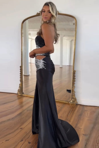 Glitter Black Sweetheart Mermaid Cut Out Long Prom Dress with Beaded