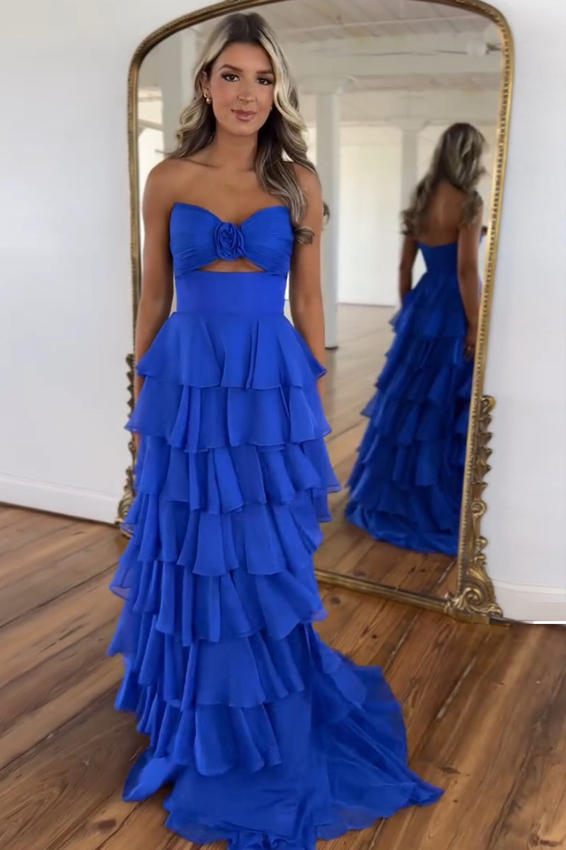 Load image into Gallery viewer, Royal Blue Sweetheart A-Line Tiered Long Prom Dress with Slit