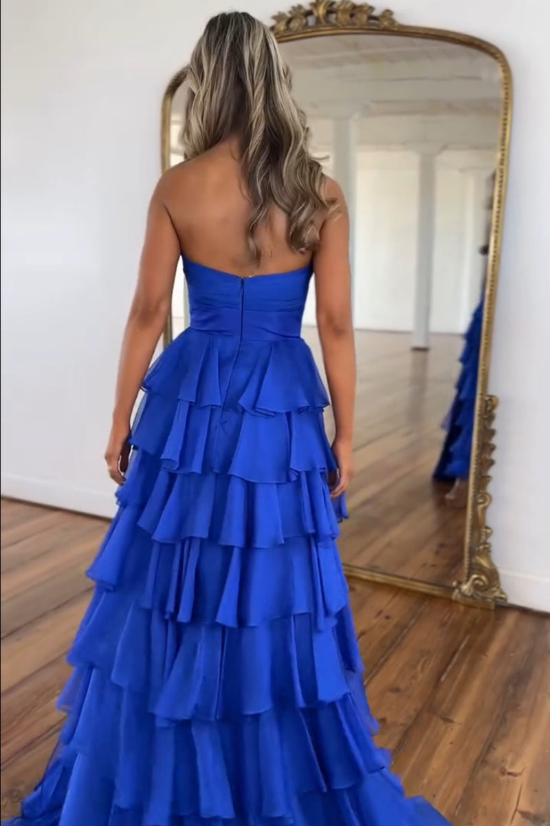 Load image into Gallery viewer, Royal Blue Sweetheart A-Line Tiered Long Prom Dress with Slit