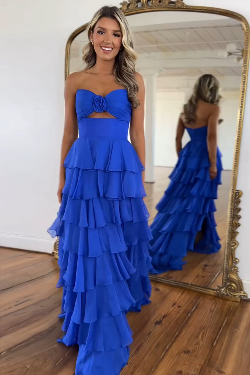 Load image into Gallery viewer, Royal Blue Sweetheart A-Line Tiered Long Prom Dress with Slit