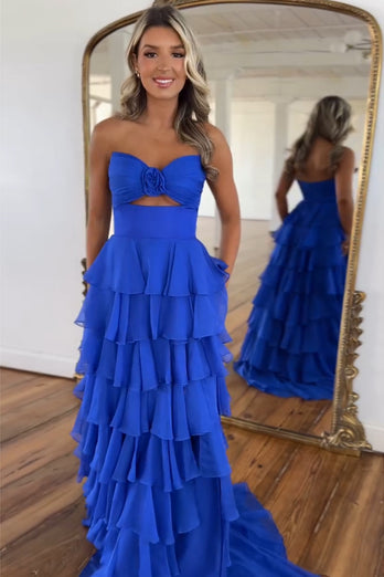 Royal Blue Sweetheart A-Line Tiered Long Prom Dress with Slit