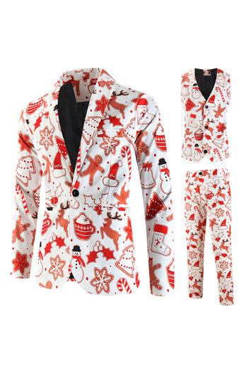 White Snowflake Snowman Printed 3 Pieces Men's Christmas Party Suits