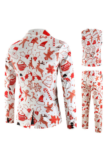 White Snowflake Snowman Printed 3 Pieces Men's Christmas Party Suits