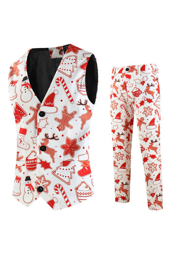 White Snowflake Snowman Printed 3 Pieces Men's Christmas Party Suits