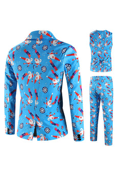 Blue Snowflake Santa Claus Print Three-piece Men's Christmas Party Suit