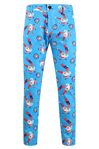 Blue Snowflake Santa Claus Print Three-piece Men's Christmas Party Suit