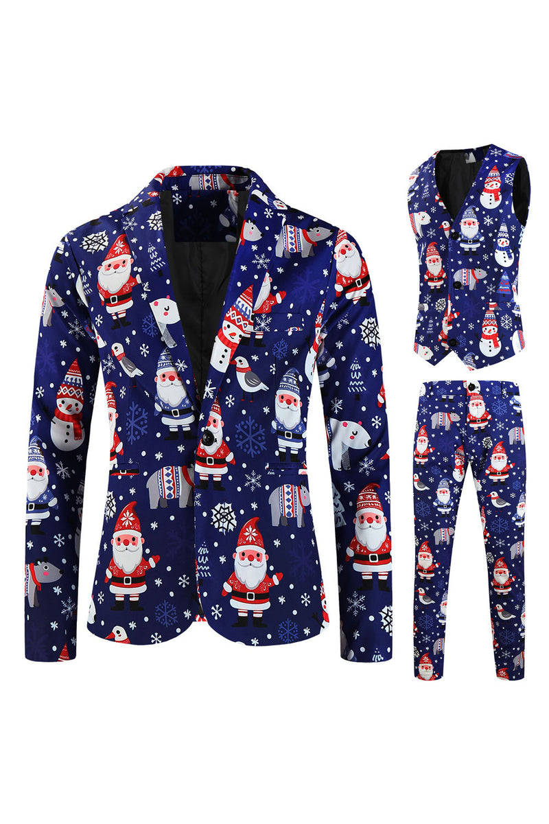 Load image into Gallery viewer, Navy Snowman Santa Claus Print Three-piece Men&#39;s Christmas Party Suit