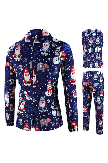 Navy Snowman Santa Claus Print Three-piece Men's Christmas Party Suit