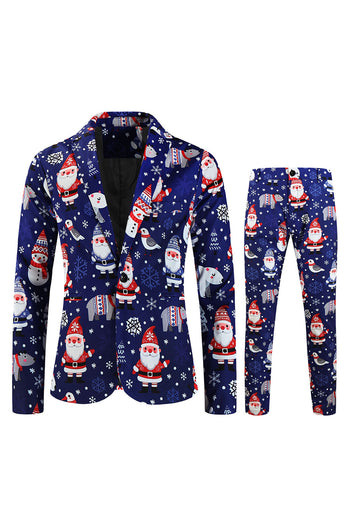 Navy Snowman Santa Claus Print Three-piece Men's Christmas Party Suit