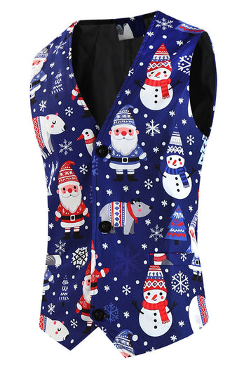 Navy Snowman Santa Claus Print Three-piece Men's Christmas Party Suit