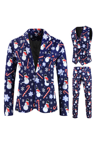 Navy Snowman Cane Print Three-piece Men's Christmas Party Suit