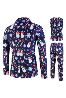 Navy Snowman Cane Print Three-piece Men's Christmas Party Suit