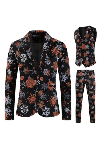 Black Snowflake Print One Button Three Piece Men's Christmas Party Suit