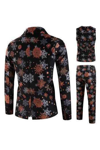 Black Snowflake Print One Button Three Piece Men's Christmas Party Suit