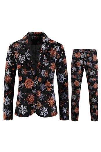 Black Snowflake Print One Button Three Piece Men's Christmas Party Suit