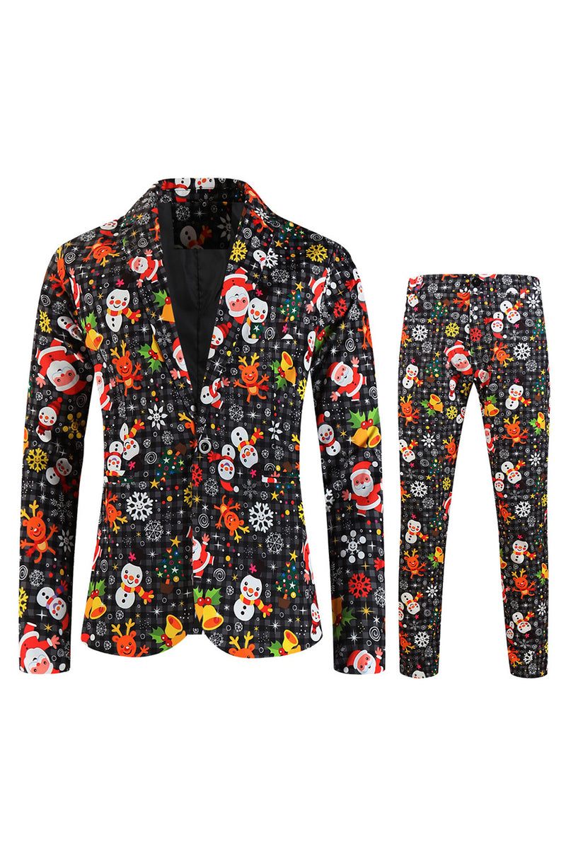 Load image into Gallery viewer, Single Button 3 piece Black Santa Claus Print Men&#39;s Christmas Party Suit