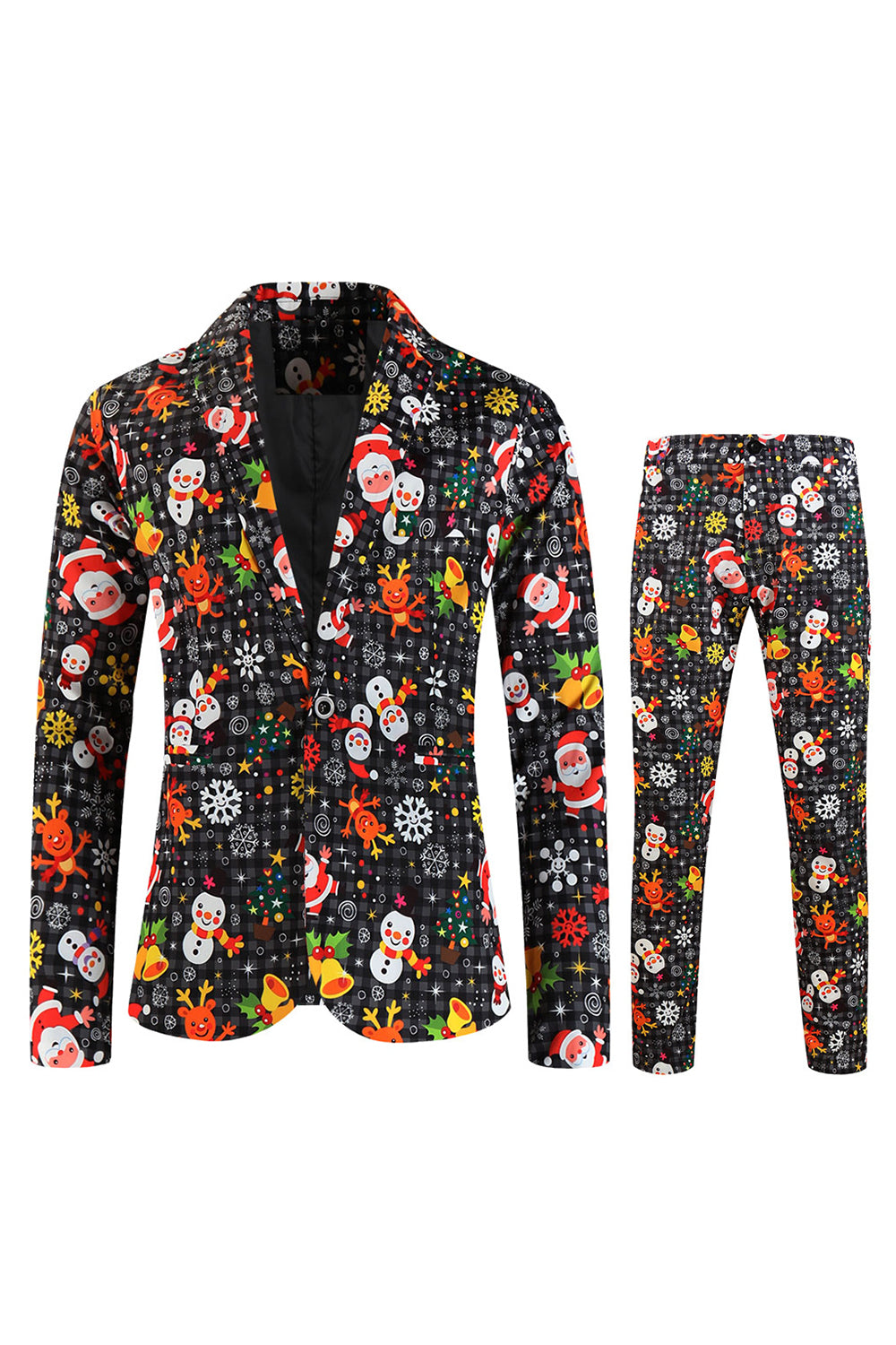 Single Button 3 piece Black Santa Claus Print Men's Christmas Party Suit