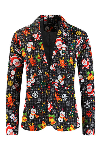 Single Button 3 piece Black Santa Claus Print Men's Christmas Party Suit