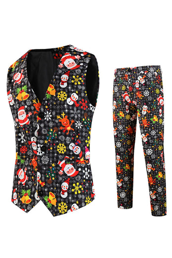 Single Button 3 piece Black Santa Claus Print Men's Christmas Party Suit