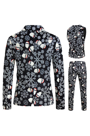 Black Snowflake Print Single Button 3 Pieces Men's Christmas Suit