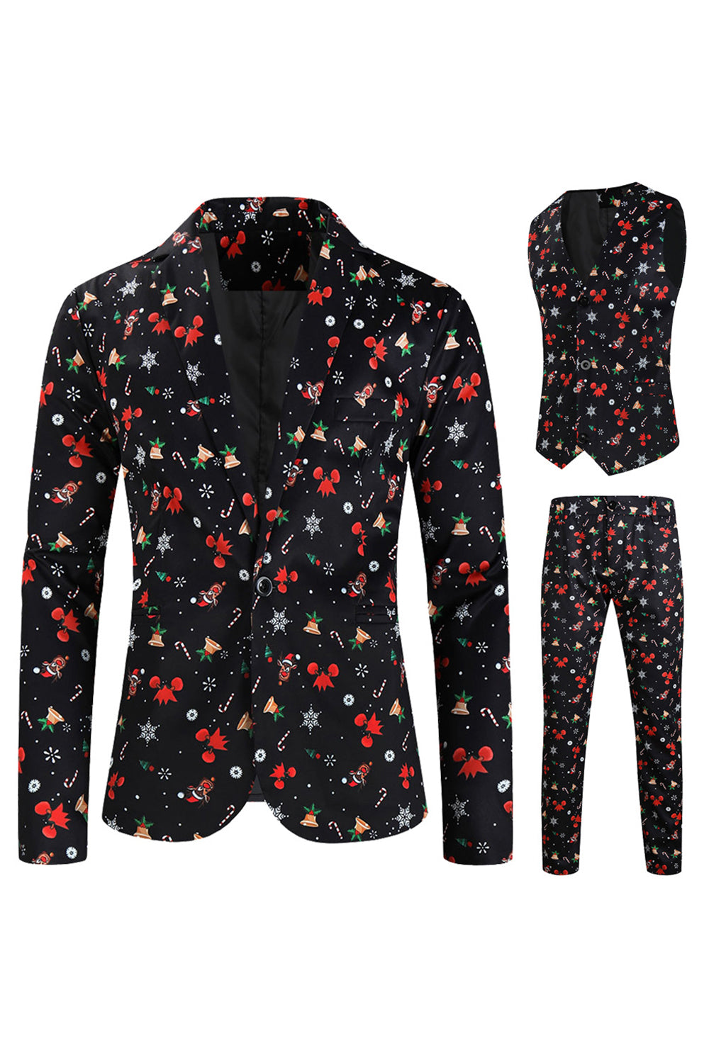 3 Pieces Black One Button Bell Cane Print Men's Christmas Suit