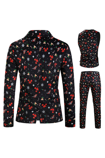 3 Pieces Black One Button Bell Cane Print Men's Christmas Suit