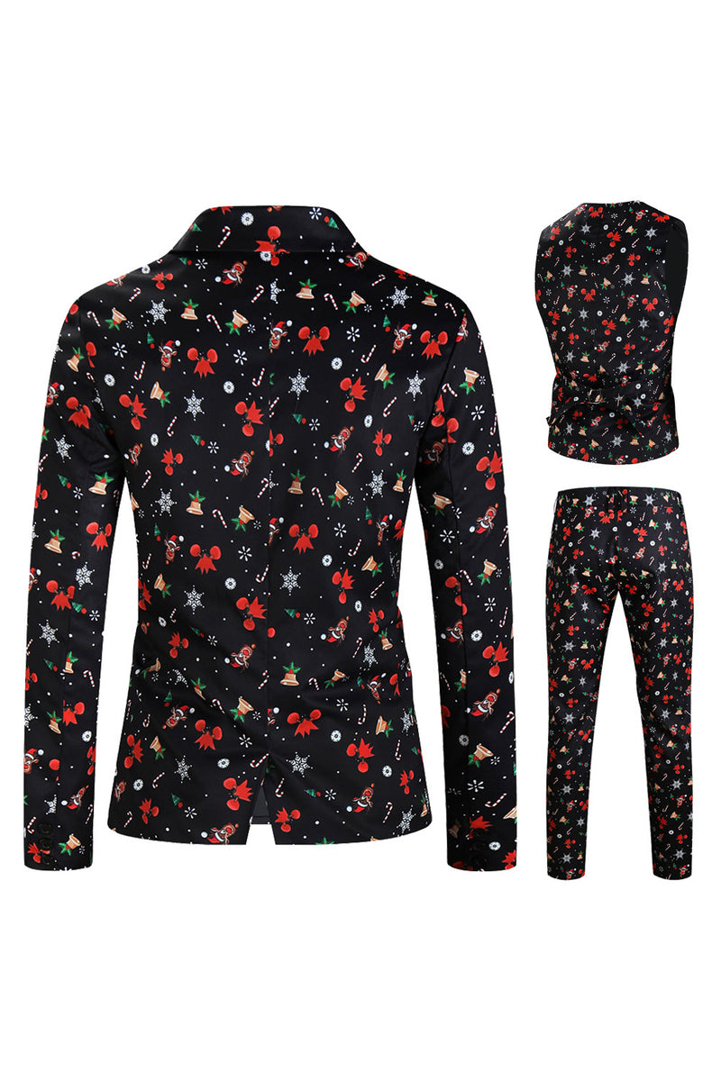 Load image into Gallery viewer, 3 Pieces Black One Button Bell Cane Print Men&#39;s Christmas Suit