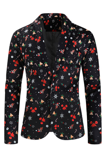 3 Pieces Black One Button Bell Cane Print Men's Christmas Suit