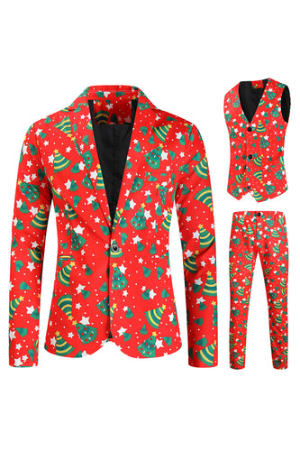 Red Single Button White Star Print 3 Pieces Men's Christmas Suit