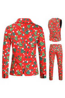 Red Single Button White Star Print 3 Pieces Men's Christmas Suit