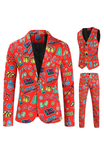 Merry Christmas Red Single Button 3 Piece Men's Christmas Suit