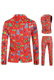 Merry Christmas Red Single Button 3 Piece Men's Christmas Suit