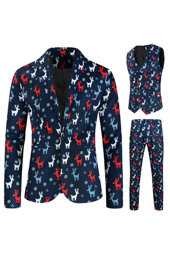 Dark Blue Single Button Reindeer Print 3 Piece Men's Christmas Suit