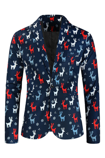 Dark Blue Single Button Reindeer Print 3 Piece Men's Christmas Suit