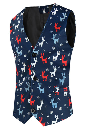 Dark Blue Single Button Reindeer Print 3 Piece Men's Christmas Suit