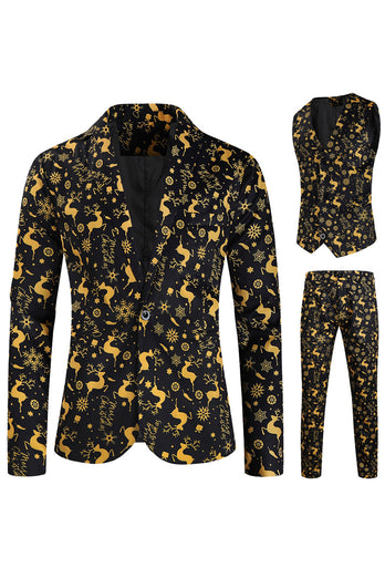 3 Piece Black Single Button Yellow Reindeer Print Men's Christmas Suit